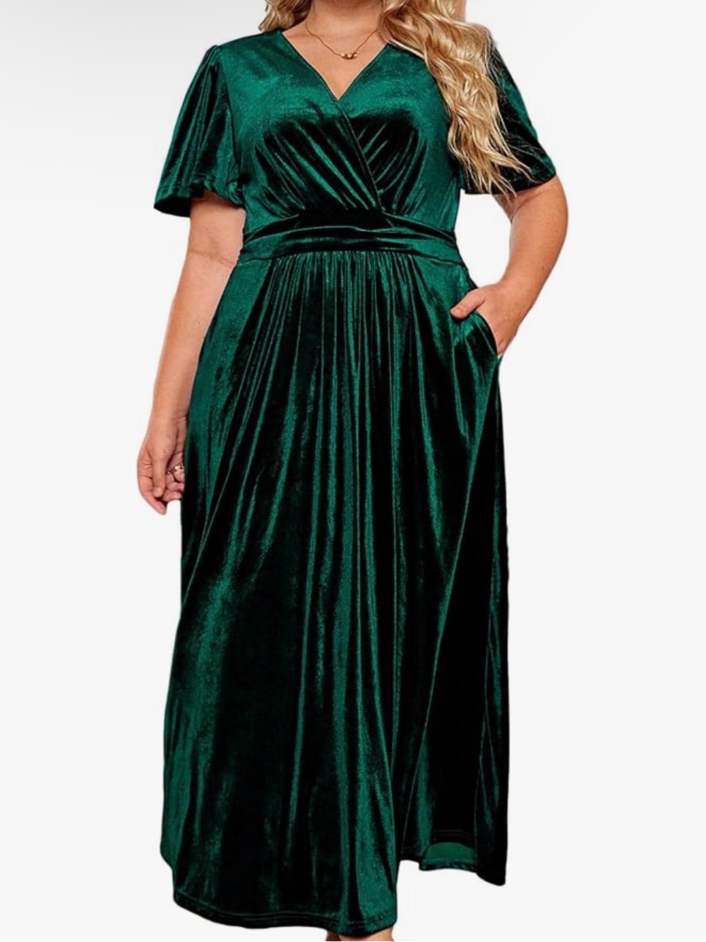 Plus Size Emerald Velvet Wrap-Style Maxi Dress with Pockets